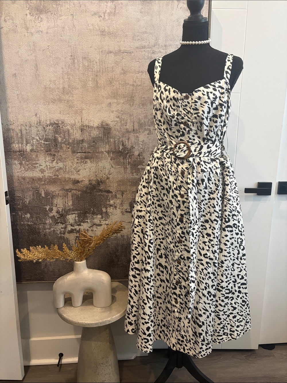 RACHEL Rachel Roy Black and White Leopard Print Midi Dress with Belt